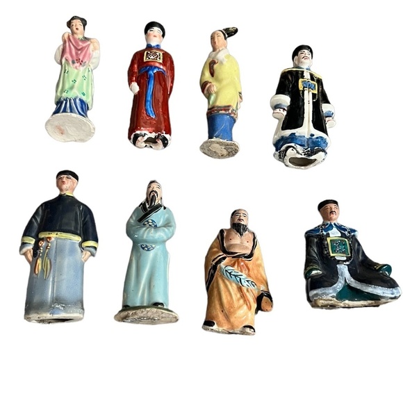 Set of Eight Vintage Hand Painted Japanese Porcelain, Asian Folk Art, Figurines